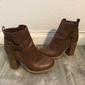Brown faux leather booties with suede detail